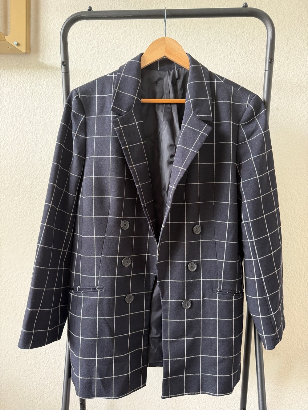Navy Windowpane Double Breasted Blazer Oversized Size XL